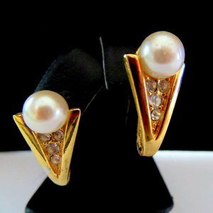 Gold tone faux pearl & rhinestone pierced earrings - bride - prom - evening wear
